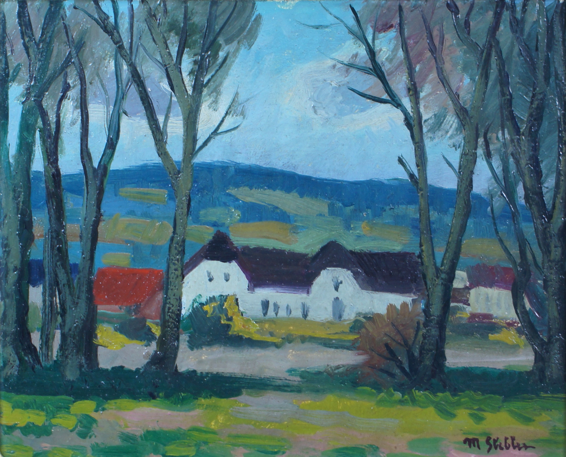 Paysage Années 1950 – Huile, Ardoise, 22x27 cm