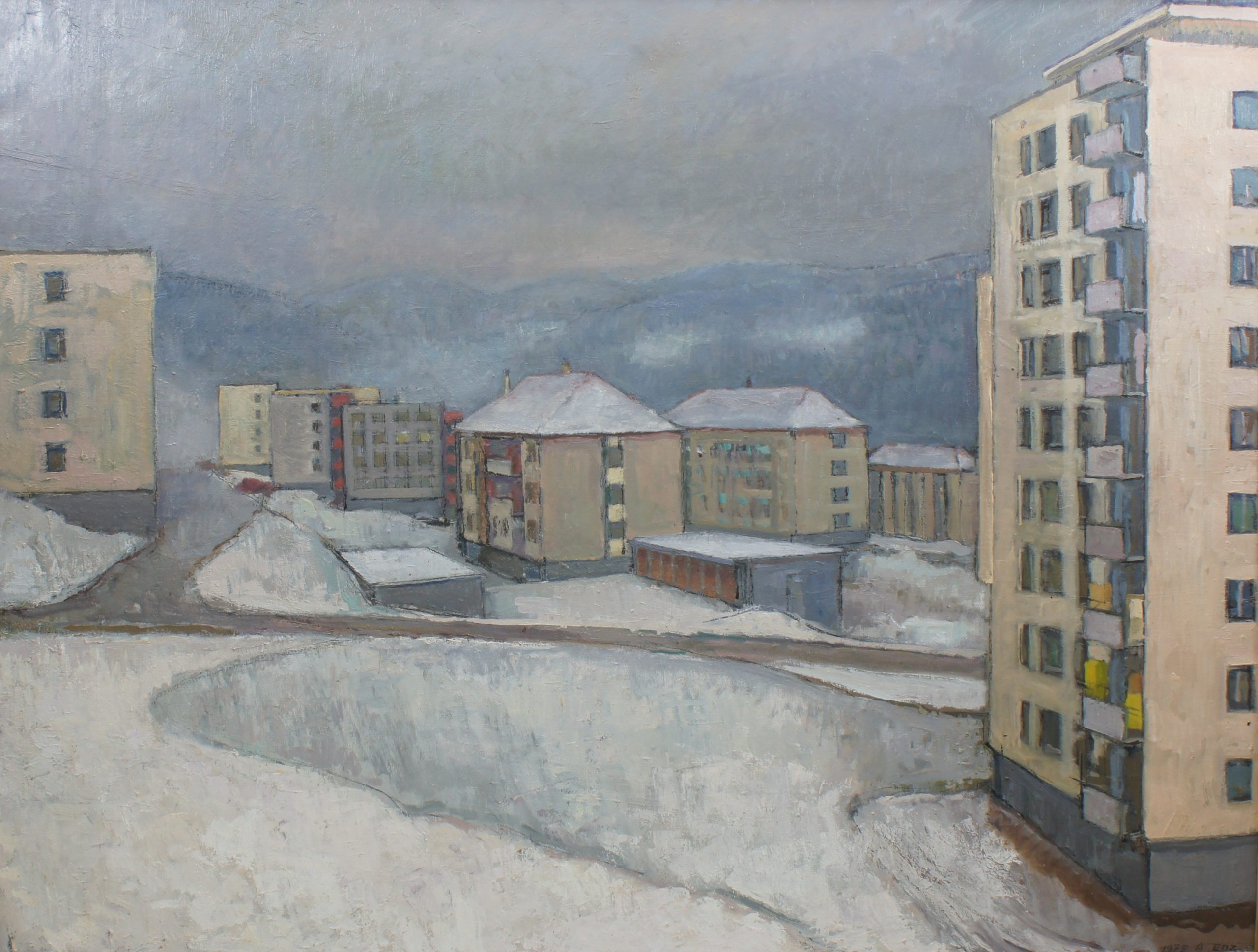 Le Tertre en hiver Le Locle 1975 – Huile, Toile, 89x116 cm