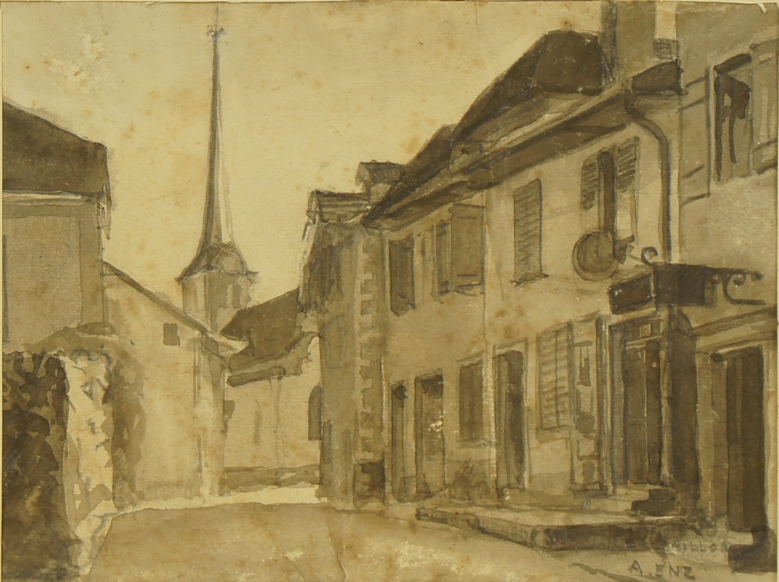 <i>Village avec clocher (Cortaillod ?)</i>  – Aquarelle, 12.5x17 cm