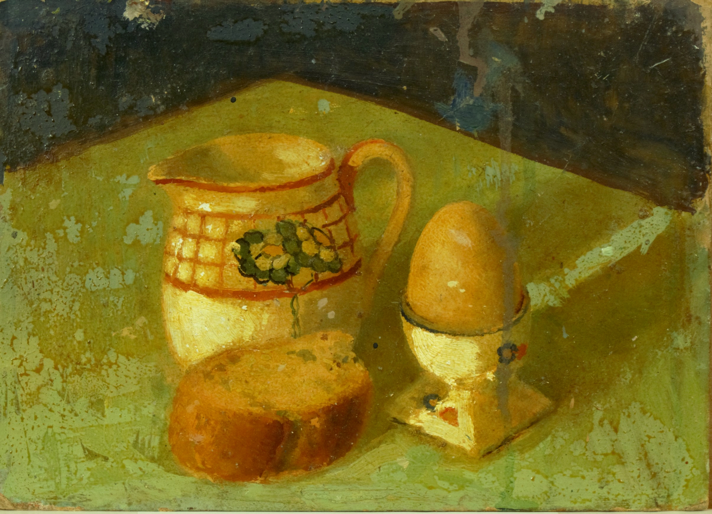 <i>oeuf, cruche et pain</i>  – Huile, Carton, 16x22 cm