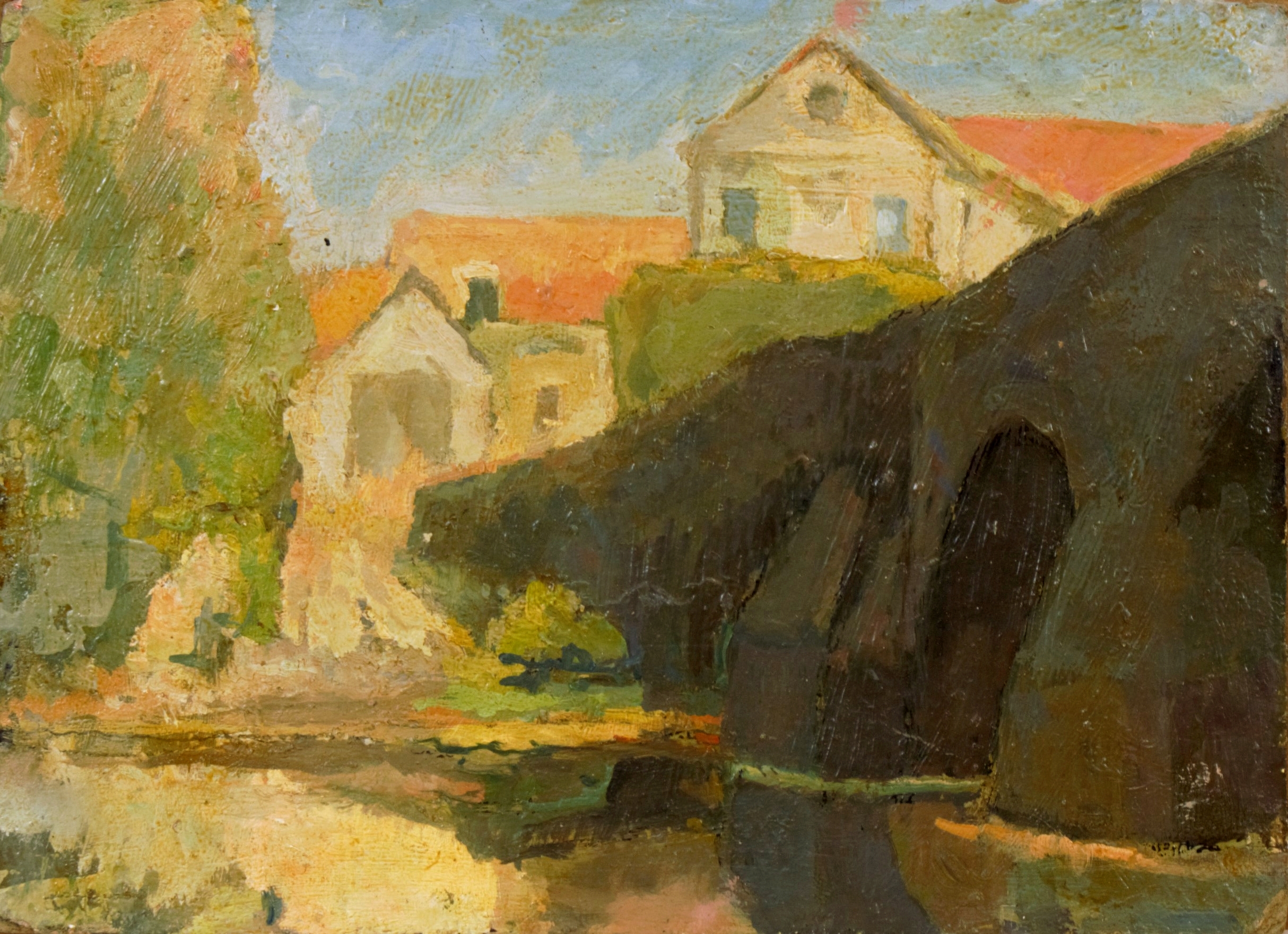 <i>Visage et pont</i>  – Huile, Carton, 16x22 cm