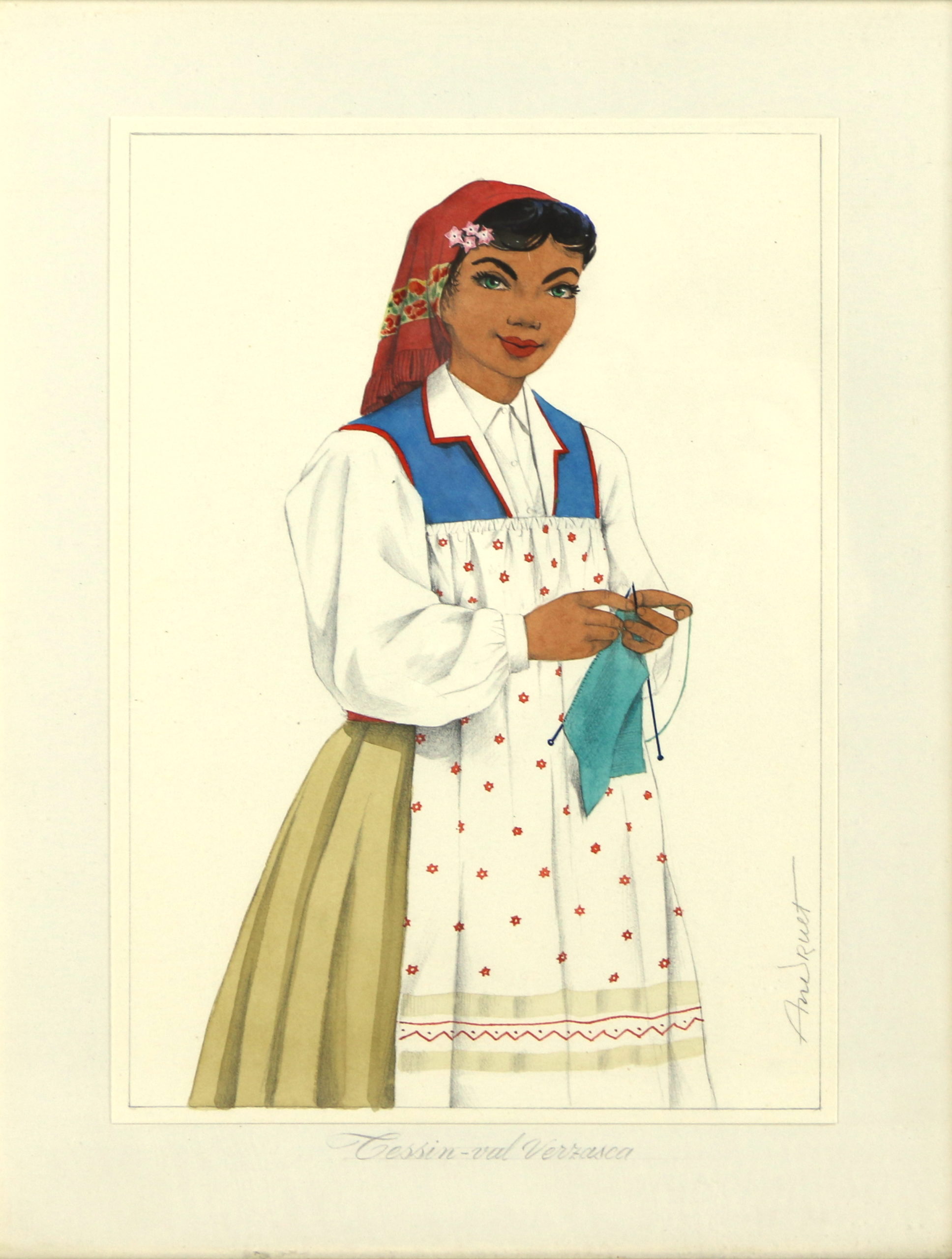 <i>Costume traditionnel Tessin - Val Verzasca</i>  – Gouache, 24.5x17 cm