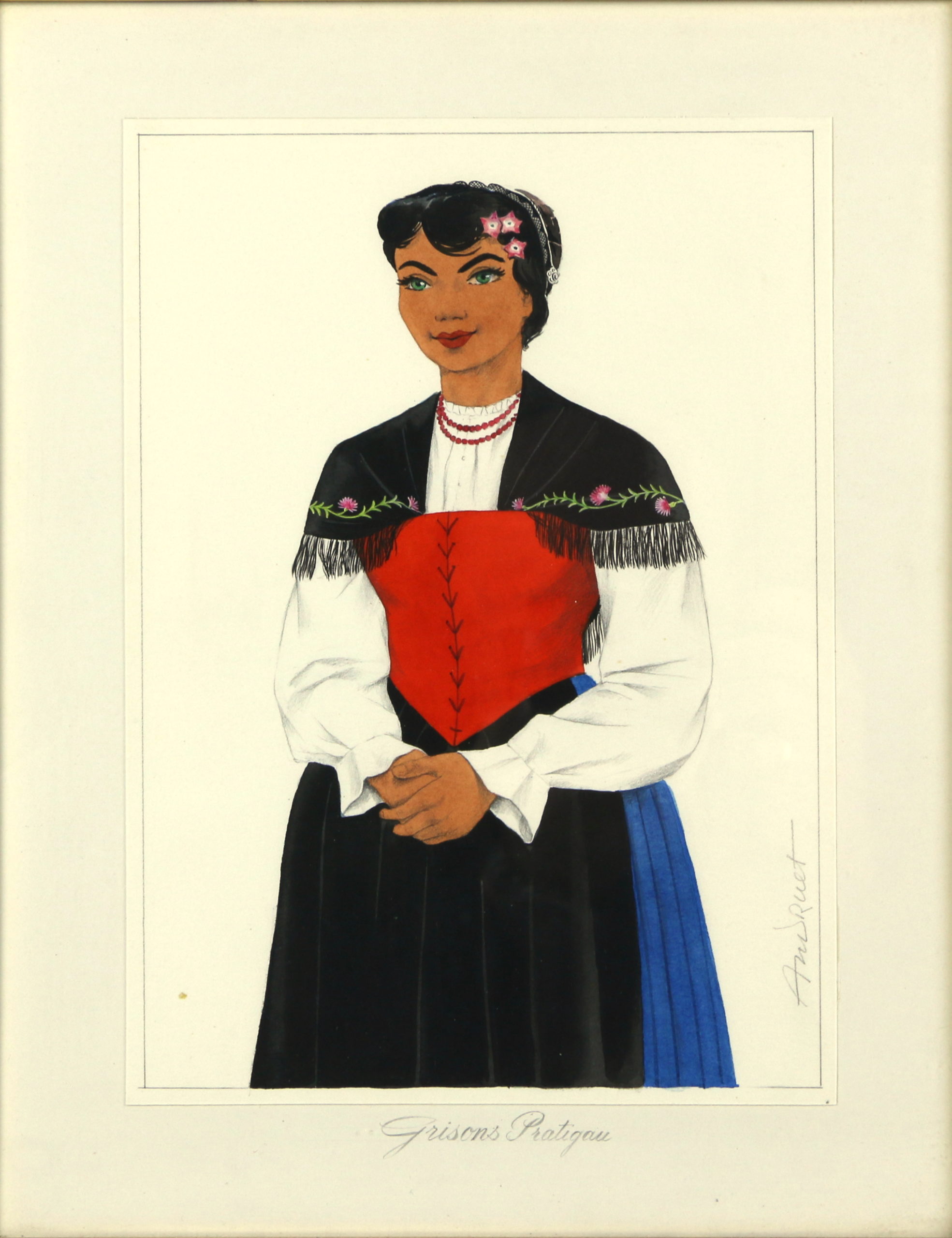 <i>Costume traditionnel Grisons Pratigau</i>  – Gouache, 24.5x17 cm